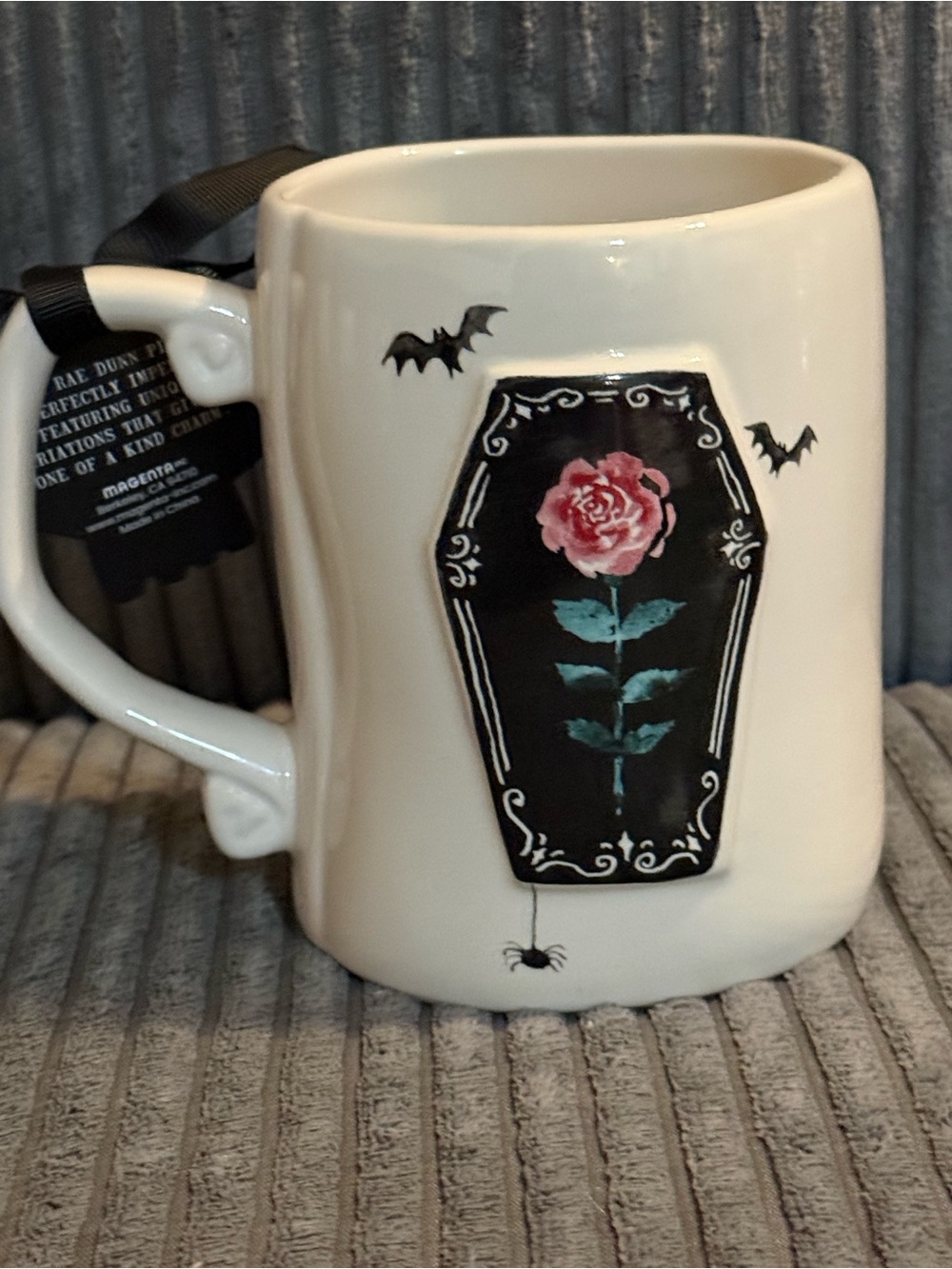 Rae Dunn Double-sided Rose Coffin Ceramic Mug - White Gothic Floral TO DIE FOR